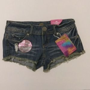 Almost Famous Junior Size 1 Shortie Jean Shorts Blue Denim Cut Offs Frayed NWT